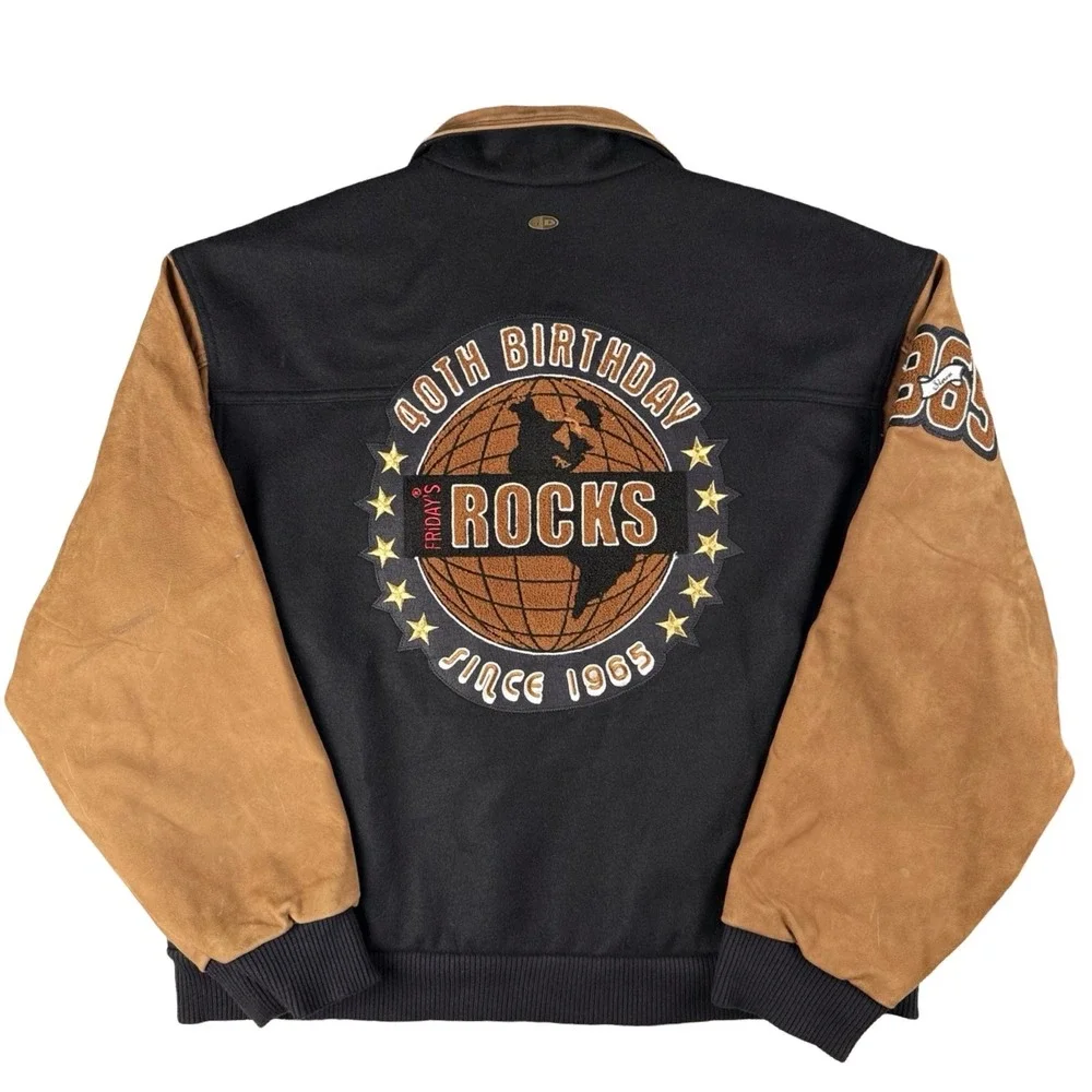 TGI Fridays Leather Wool Varsity Jacket 40th Anniversary Black Tan‎ Large
